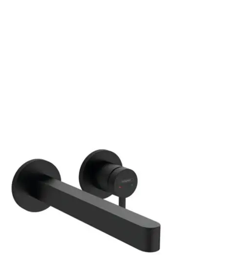 Wandmontierter Einhebel-Waschtischmischer in mattschwarz von Hansgrohe mit einer langen, geraden Auslaufform und Bedienelement für Warm- und Kaltwasser.